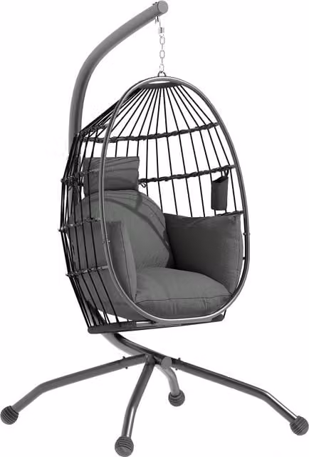 Modern Dark Grey Hanging Egg Chair with Metal Stand and Cushions