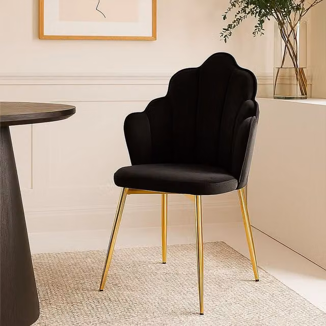 Orsina Black Velvet Dining Chair with Gold Accents and Armrests – 2