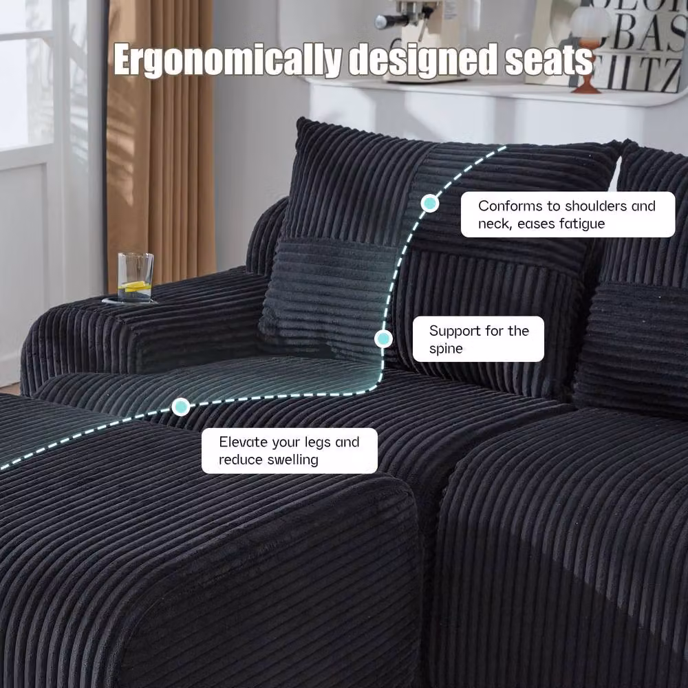 Matteo Modular 2-Seater Corduroy Sofa Set in Black with Matching Ottoman and Cup Holders – 3