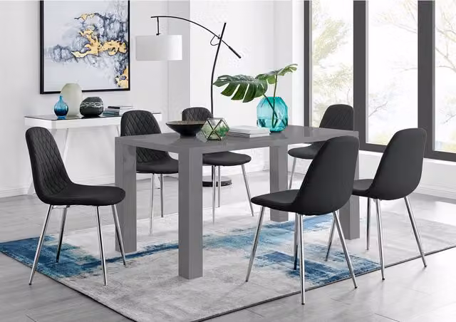 FurnitureboxUK Pivero Grey High Gloss Rectangular Dining Table and 6 Corona Silver Chairs in Black