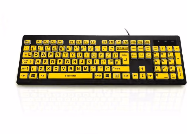 Accuratus Rainbow 2 High Vis USB-A Membrane Keyboard with Extra Large Black Font and Yellow Keys, UK Layout, Black and Yellow