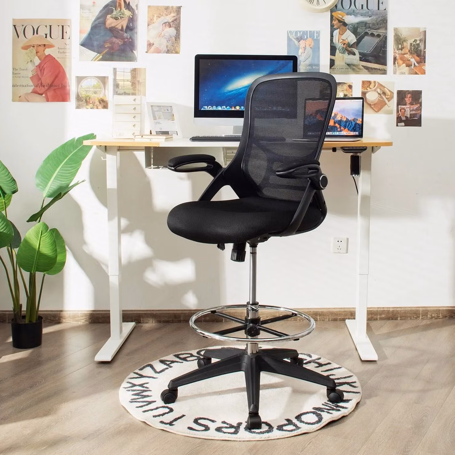 Costway Ergonomic Mid-Back Swivel Drafting Chair with Armrests and Foot Ring in Black – 4
