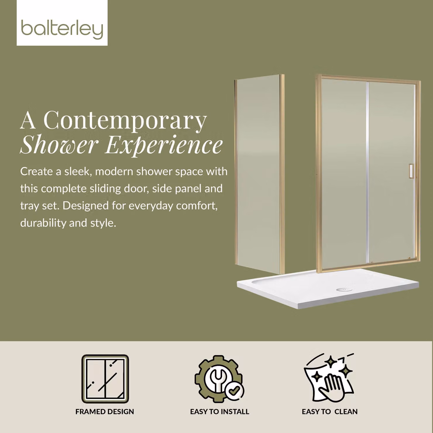 Balterley Ruwa Sliding Shower Suite with Rectangular Tray and 6mm Glass, Gold and White, W/D/H: 1400 x 900 x 190 mm – 2