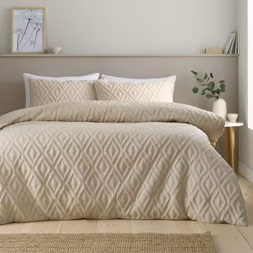 Catherine Lansfield Jacob Geo Soft Touch Duvet Cover and Pillowcase Set, Beige, W/D/H: 200 x 200 cm, Pillowcases: 50 x 75 cm