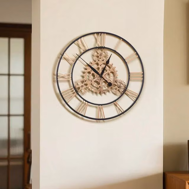 Komore Gold and Black Industrial Retro Round Metal Wall Clock, Diameter: 75 cm