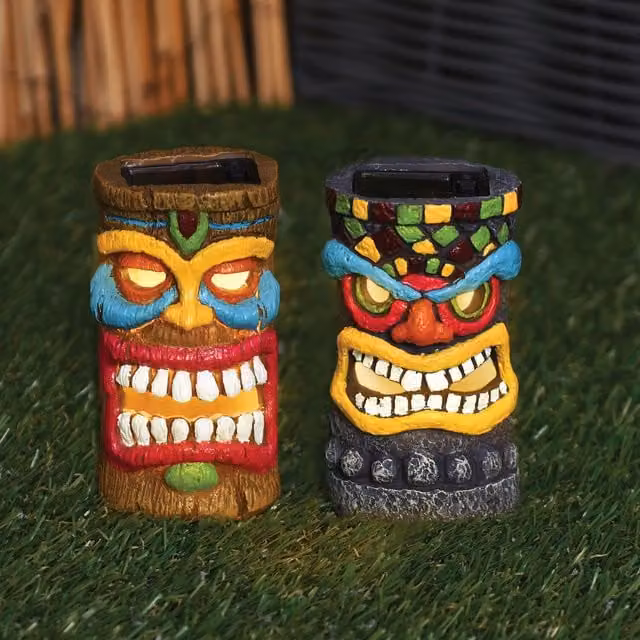 Ornate Collection Solar Mini Tiki Heads Decoration in Multicolour and Black