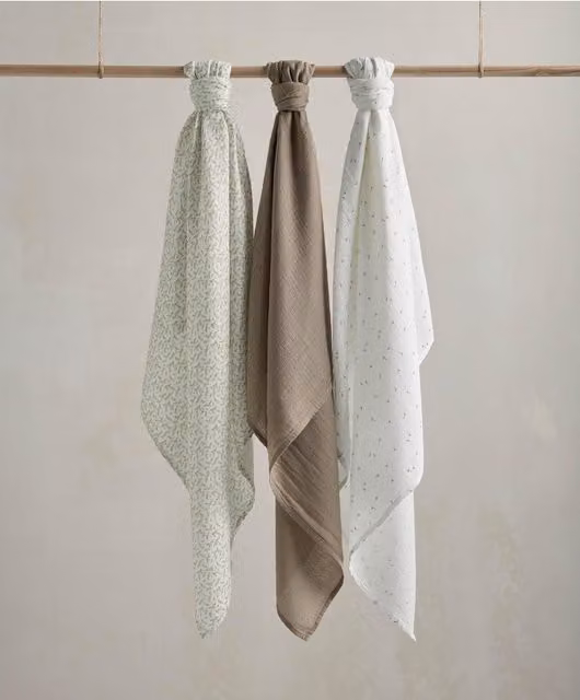 Mamas & Papas Organic Cotton Muslin Squares, 3 Pack, Floral Multicolour and Brown, W/D/H: 90 x 90 x 90 cm