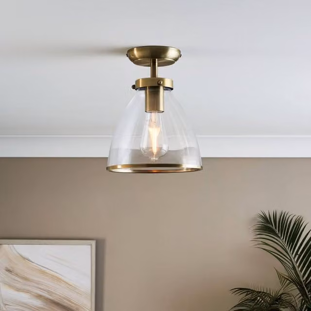 Pagazzi Brunswick Flush Ceiling Light in Antique Brass and Clear Glass