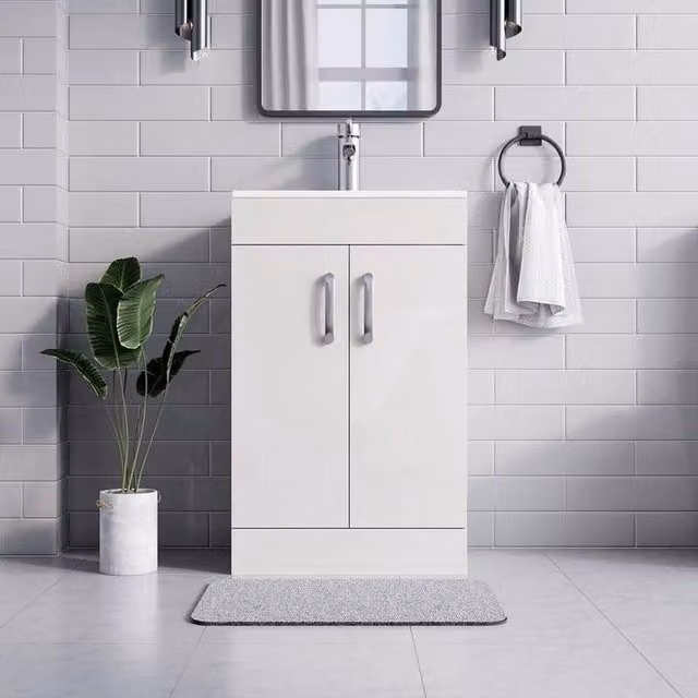 FORGEVIO White Glossy Modern Freestanding Bathroom Vanity Unit with Soft Close Hinged Doors, Width: 60 cm – 1