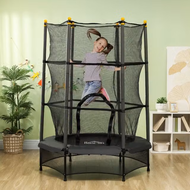 HOMCOM Black Kids Mini Trampoline with Safety Net Enclosure