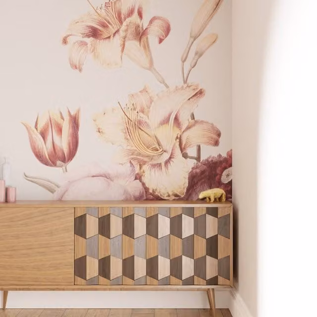 Superfresco Easy Antique Floral Grey and Peach Print Wall Mural W: 300 cm, H: 280 cm