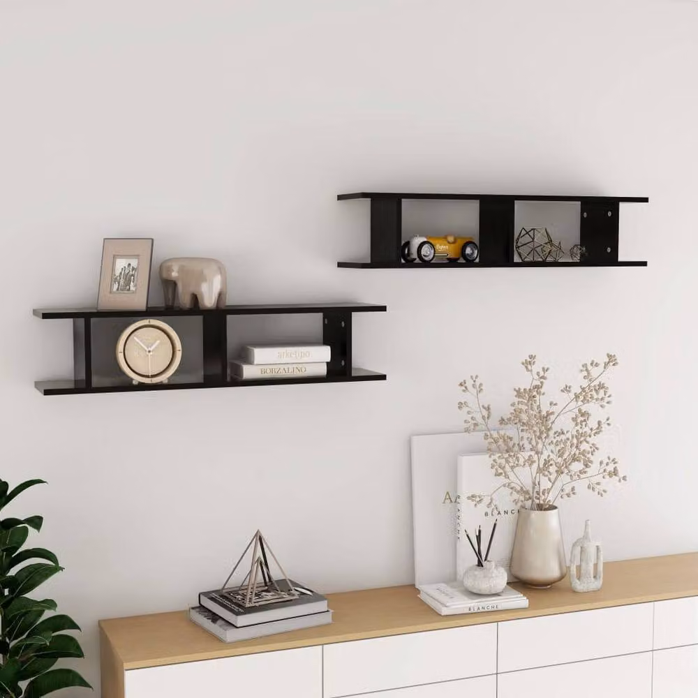 Berkfield Home Set of 2 Black Wall Mounted Cube Shelves in MDF, W/D/H: 90 x 18 x 20 cm – 2