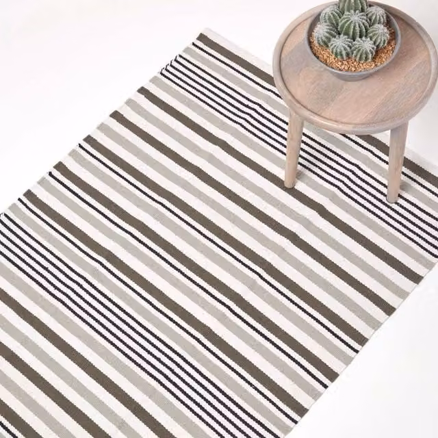 Homescapes Striped Cotton Scandi Style Garden Rug in Beige and Brown, Width: 150 cm