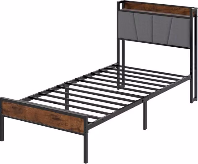 VOGREX Modern Single Bed Frame in Brown with Bedside Shelf and Side Compartments, W/D/H: 90 x 190 cm