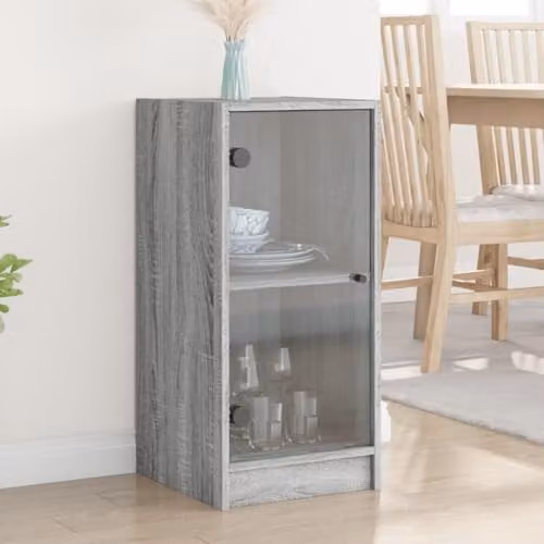 vidaXL Modern Side Cabinet with Glass Doors in Grey Sonoma for Hallway or Living Room – 1