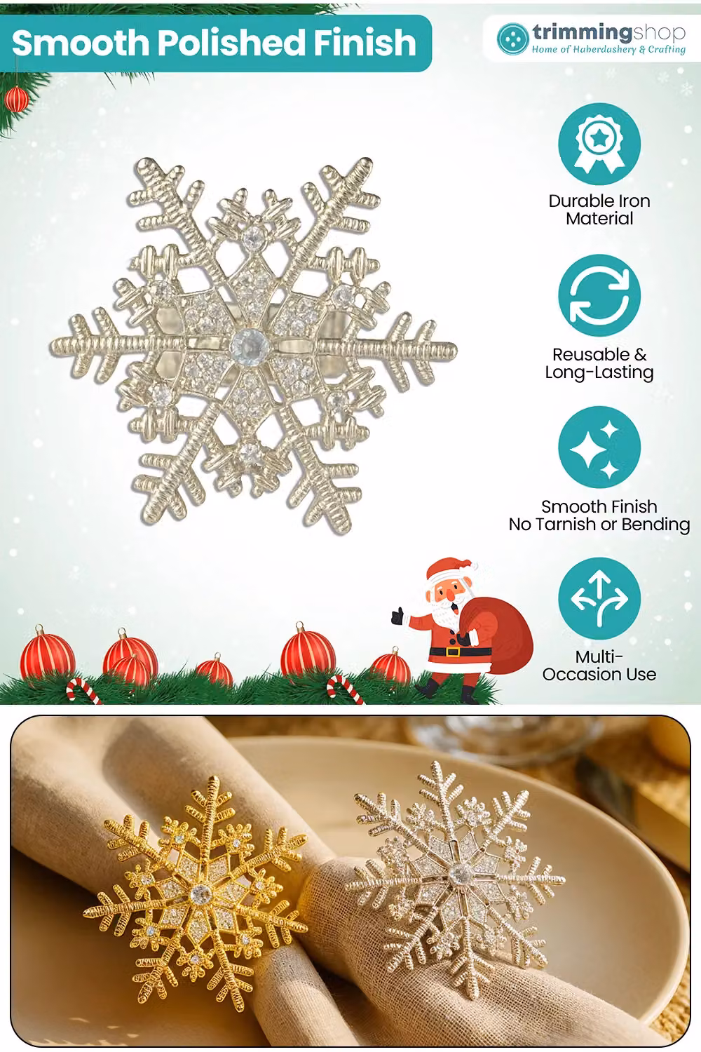 Neel Blue Snowflake Napkin Rings with Diamante Rhinestones, 6-Piece Silver Set – 2
