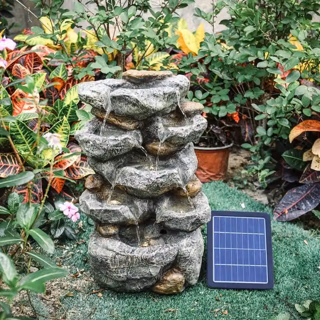 Livingandhome Solar-Powered Grey Resin Cascade Water Feature with Rustic Rock Design