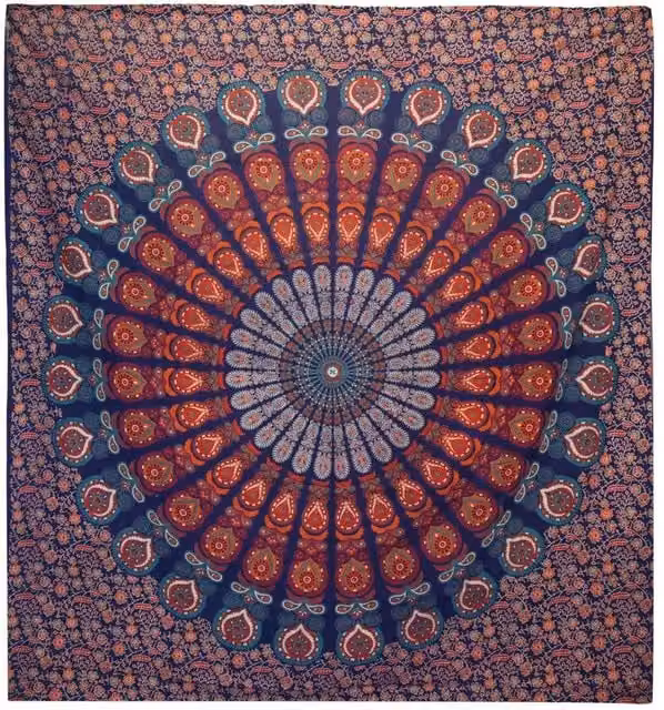 KDMD Blue Peacock Mandala Double Cotton Bedspread and Wall Hanging Set