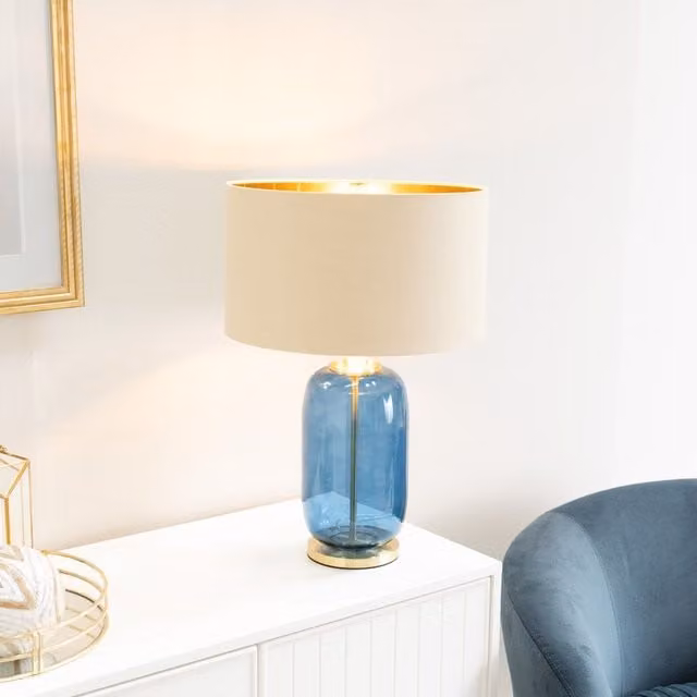 ValueLights Leigh Table Lamp with Navy Blue Glass Base and Beige Gold Shade