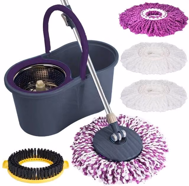 Nordara Grey 360 Degree Spin Mop Bucket Set with 4 Microfibre Heads and Telescopic Handle – 1