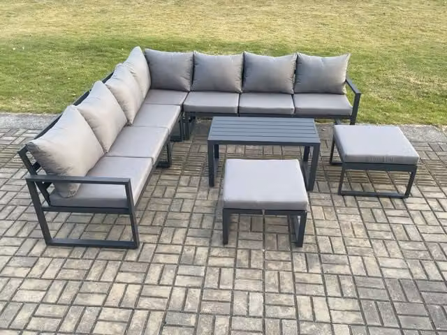 Fimous Powder Coated Aluminium Outdoor Garden Furniture Set in Dark Grey with L-Shape Corner Sofa, Oblong Coffee Table and 2 Upholstered Ottomans