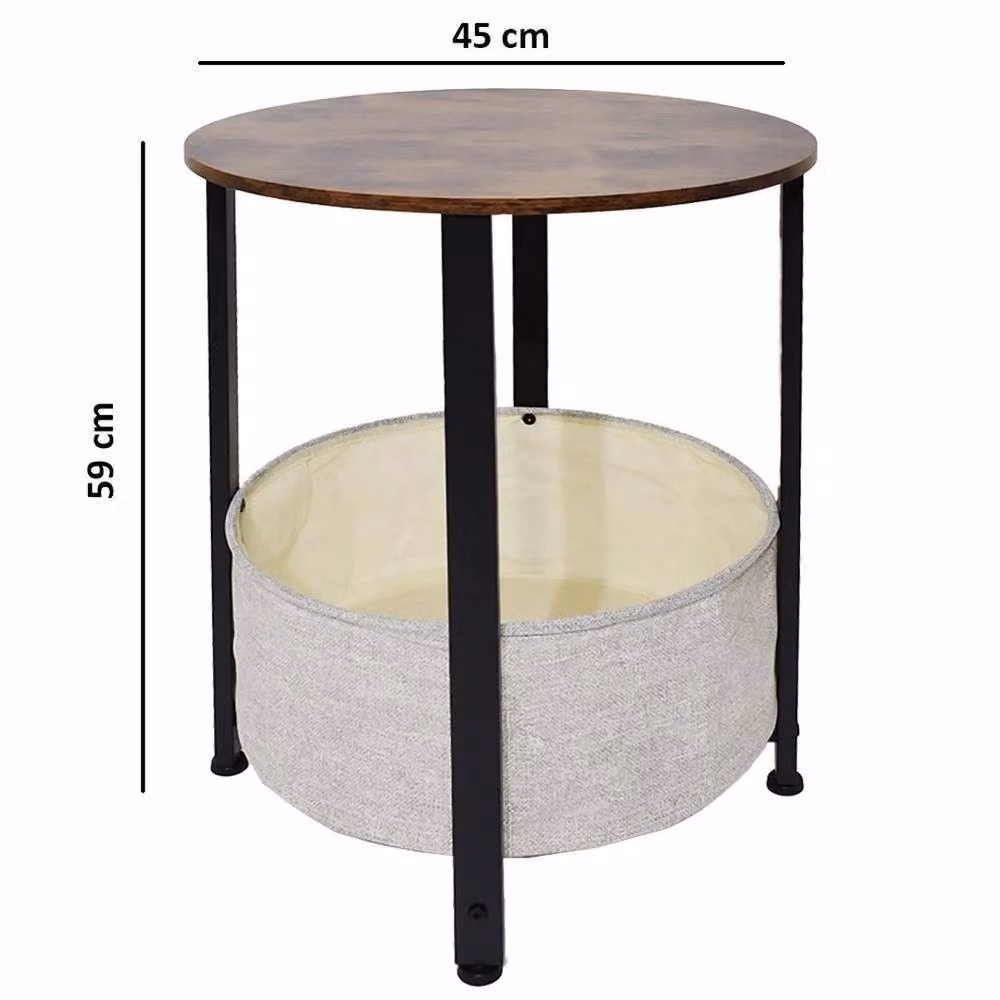 ERGOVEXA Round Industrial Side Table with Cream Fabric Storage Basket and Brown Metal Legs – 2