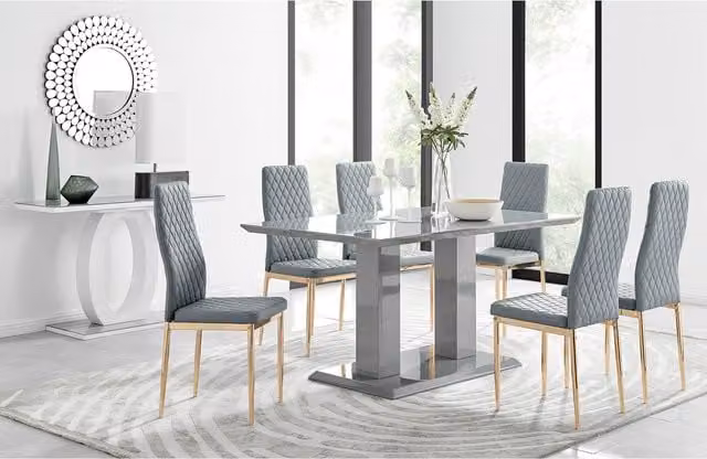 FurnitureboxUK Imperia Grey High Gloss Rectangular Dining Table with 6 Milan Chairs and Gold Legs