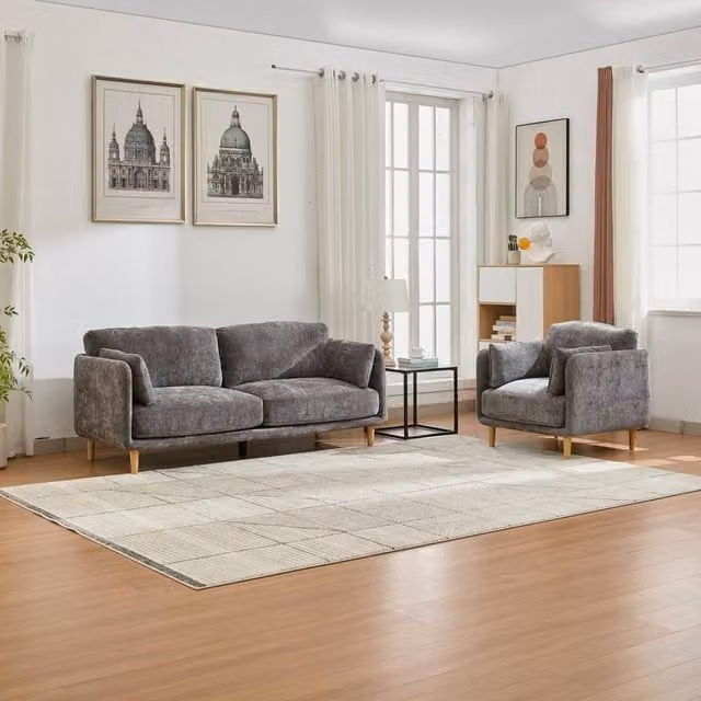 FURNITURE ONE Grey Velvet Upholstered L-Shape Sectional Sofa Set with 2-Seater and 3-Seater Modular Pieces and Scatter Cushions