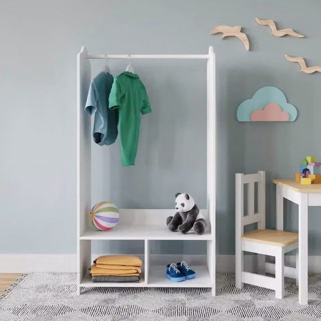 ERGOVEXA Wooden Hanging Clothes Rail with Storage Shelves and Mirror in White – 1