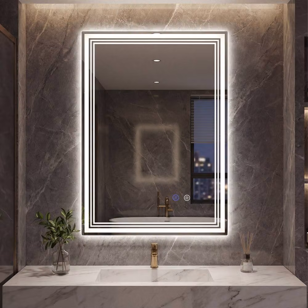 Costway LED Rectangular Wall Vanity Bathroom Mirror in White W: 70 cm x H: 70 cm – 7