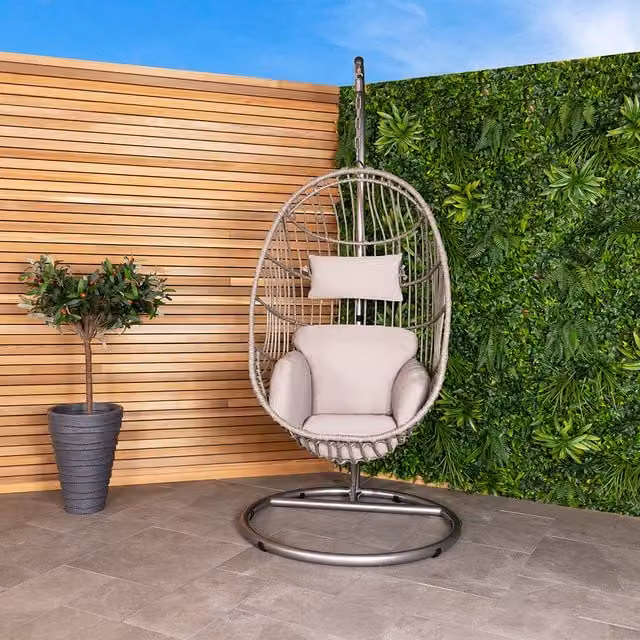 Charles Bentley Grey Egg Shaped Rattan Swing Chair with Cushion and Stand