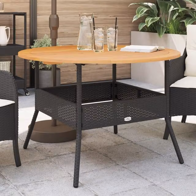 Berkfield Home Garden Table with Black Poly Rattan and Acacia Wood Top, W: 110 cm, D: 71 cm