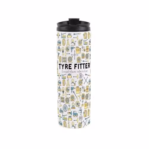 Purely Home Tyre Fitter Novelty Travel Flask, Reusable Stainless Steel Double-Walled Tumbler, Multicoloured and White, 500ml