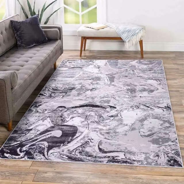 Modern Emperor Abstract Thick Area Rug in Silver and Grey, Width: 120 cm