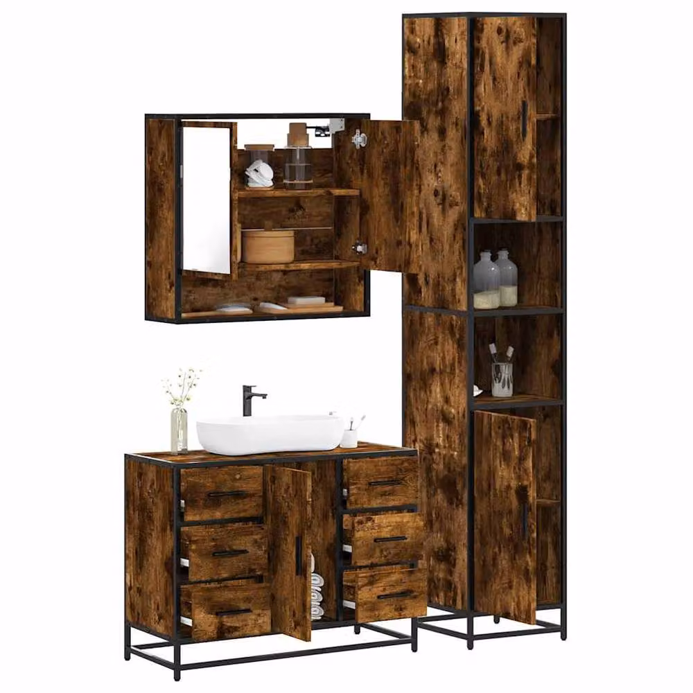 Berkfield Home 3 Piece Industrial Bathroom Furniture Set in Brown Smoked Oak – 2