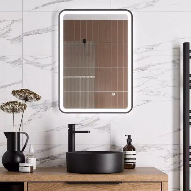 Bathwell Rectangular LED Wall Mirror with Demister and Touch Switch in Matt Black