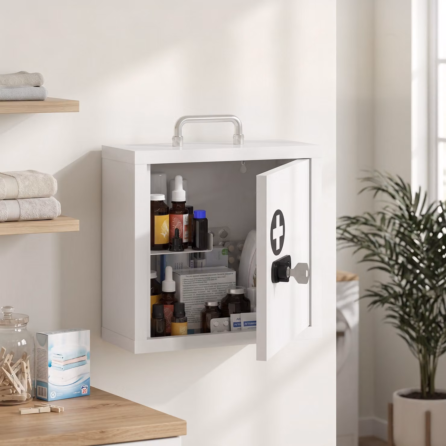 HOMCOM Wall Mounted White Metal Medicine Cabinet with 2 Internal Shelves and Key Lock – 2