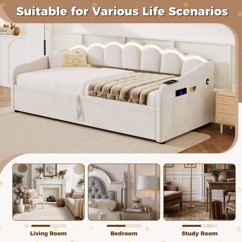 Rolipo Beige Velvet Petal Daybed with Hydraulic Storage, RGB LED Lighting and USB Charging Port, W/D/H: 90 x 190 cm – 3