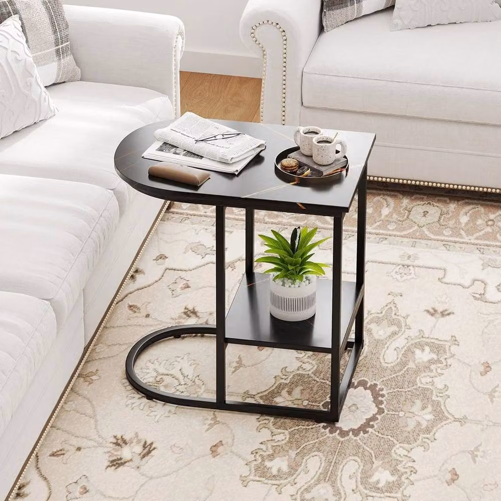 Kelvenix Modern C-shaped End Table with Marble Top in Black – 5