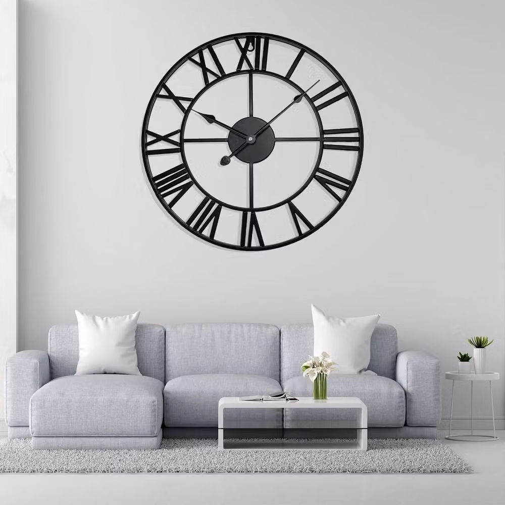 FLAVORA Black Metal Skeleton Wall Clock with Roman Numerals, Diameter: 60 cm – 4