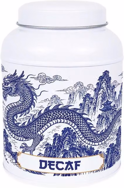 Purely Home Dragon Temple Decaf Coffee Canister, Small Metal Kitchen Storage Tin in Blue and White