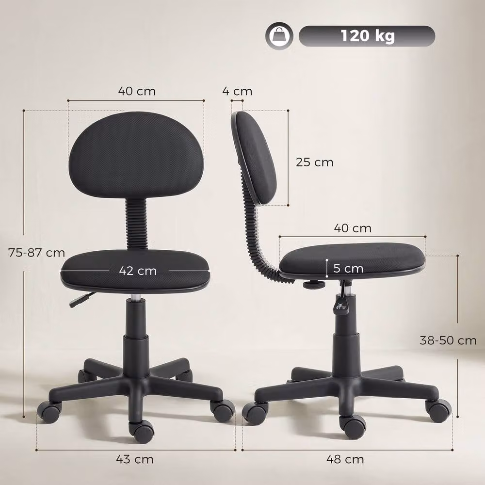 STILVORA Black Fabric Armless Office Task Chair with 360 Degree Swivel and Castors – 3