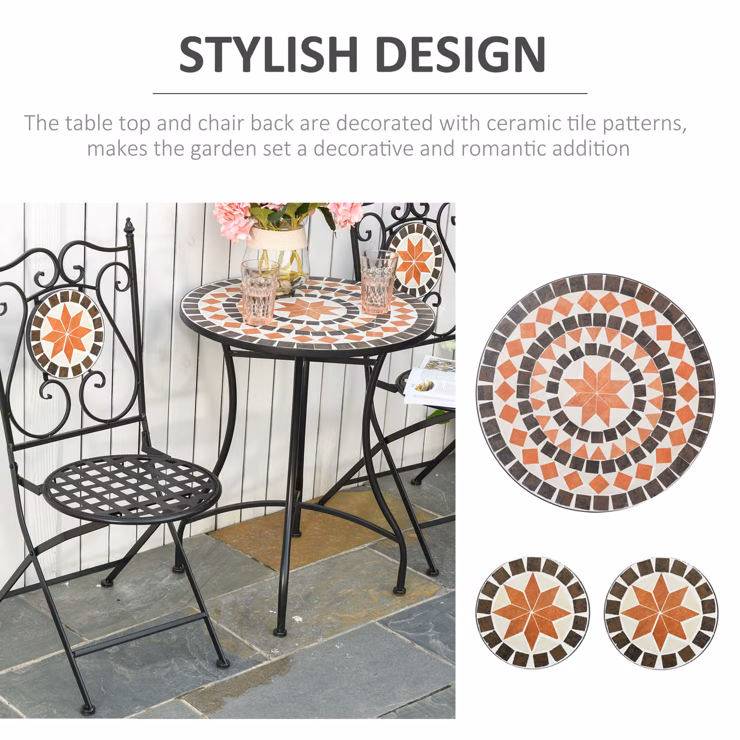 Outsunny 3 Piece Garden Bistro Set with Ceramic Tile Round Table and 2 Foldable Chairs in Black – 4
