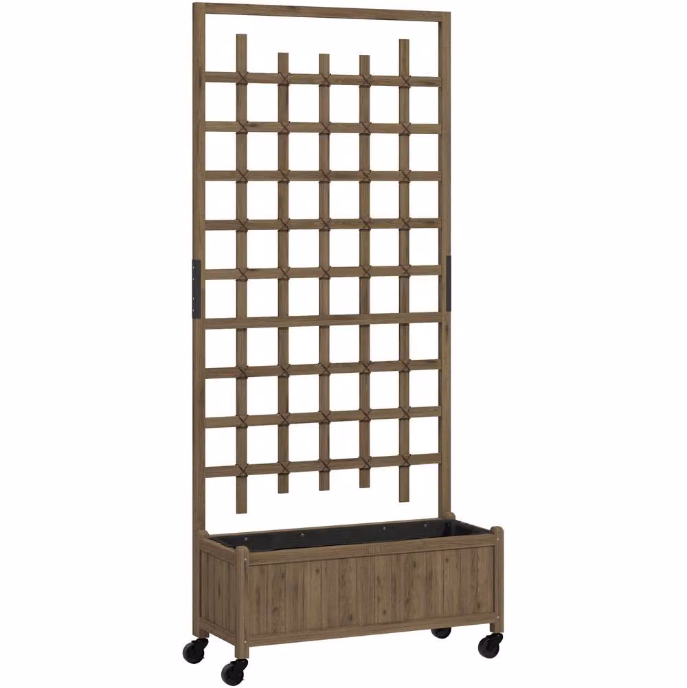 STILVORA Wooden Raised Planter with Trellis and Wheels in Brown, H 186.0 x W 77.5 x D 54.0 cm – 3