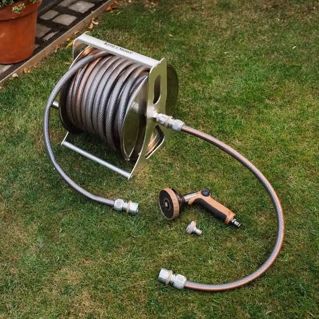 Kent & Stowe Metal Wall-Mounted Hose Reel Set with Wall Bracket, 30m, Silver