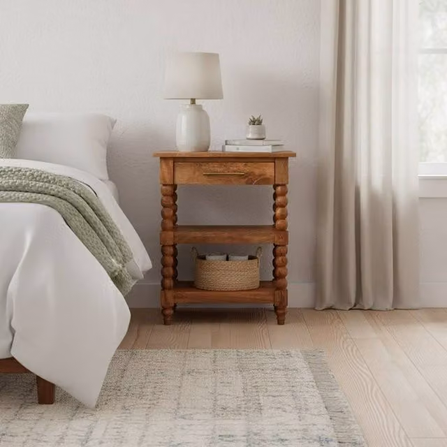 STILVORA Solid Wood Side Table with Drawer and Open Storage in Brown