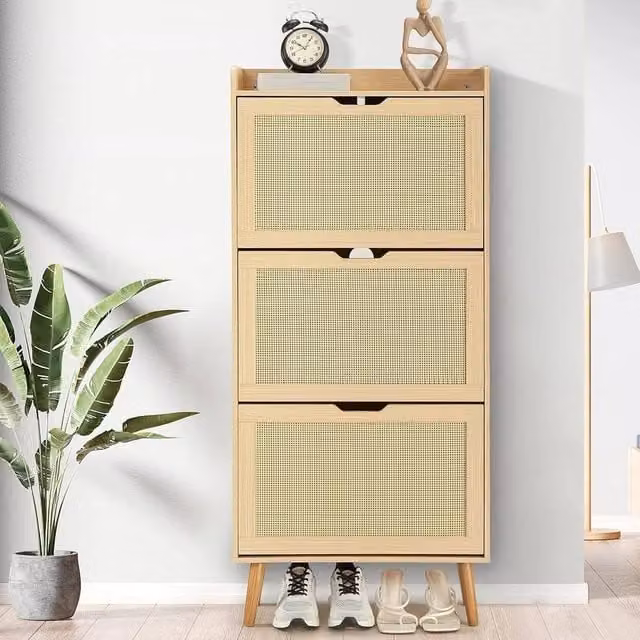 KORVIXA Shoe Cabinet with 3 Tilting Compartments in Beige, W/D/H: 100 x 23.5 x 100 cm – 1
