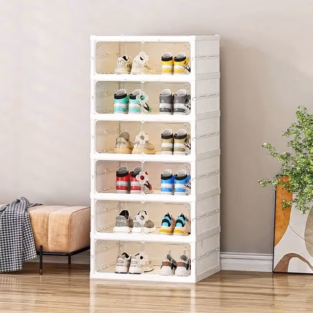 KORVIXA White Plastic Shoe Storage Box with Glass Hinged Magnetic Doors, W/D/H: 50 x 50 x 50 cm