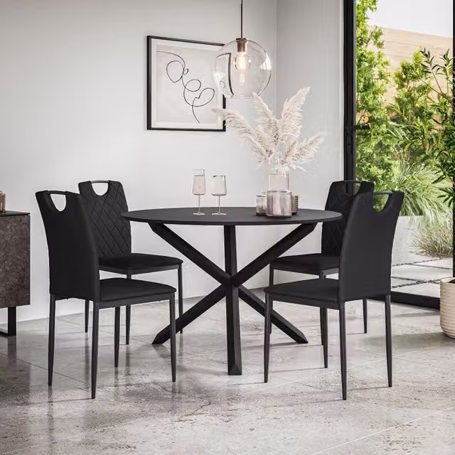 More4Homes Malvern Round Dining Table and Set of 4 Monza Faux Leather Chairs, Black Table Top with Solid Oak Black Legs, Diameter: 120 cm, Height: 75 cm