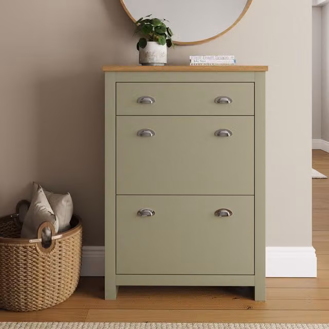 GFW Lancaster Green and Oak 2 Door 1 Drawer Shoe Cabinet – 2